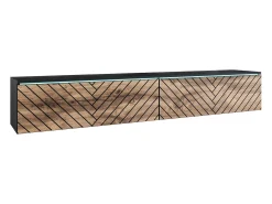 Móvel de TV moderno 180 cm para sala – sem puxadores, acabamento mate, de chão ou suspenso, corpo preto mate / frentes em MDF espinha de peixe carvalho wotan