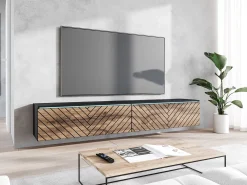 Móvel de TV moderno 180 cm para sala – sem puxadores, acabamento mate, de chão ou suspenso, corpo preto mate / frentes em MDF espinha de peixe carvalho wotan