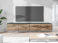 Móvel de TV moderno 180 cm para sala – sem puxadores, acabamento mate, de chão ou suspenso, corpo preto mate / frentes em MDF espinha de peixe carvalho wotan