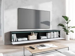 Móvel de TV moderno 180 cm para sala – sem puxadores, acabamento mate, de chão ou suspenso, corpo preto mate / frentes em MDF espinha de peixe carvalho wotan