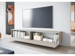 Móvel de TV moderno 180 cm para sala – 2 portas, sem puxadores, acabamento mate, de chão ou suspenso, bege caxemira