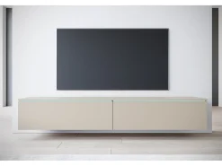 Móvel de TV moderno 180 cm para sala – 2 portas, sem puxadores, acabamento mate, de chão ou suspenso, bege caxemira