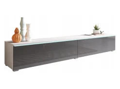 Móvel de TV moderno 180 cm para sala com LED – 2 portas, sem puxadores, corpo branco fosco, frentes cinza brilho, de chão ou suspenso