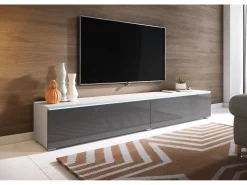 Móvel de TV moderno 180 cm para sala com LED – 2 portas, sem puxadores, corpo branco fosco, frentes cinza brilho, de chão ou suspenso