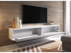 Móvel de TV moderno 180 cm para sala com LED – 2 portas, sem puxadores, corpo branco fosco, frentes cinza brilho, de chão ou suspenso