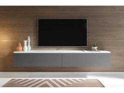 Móvel de TV moderno 180 cm para sala com LED – 2 portas, sem puxadores, corpo branco fosco, frentes cinza brilho, de chão ou suspenso