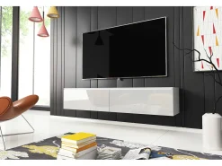 Móvel de TV moderno 140 cm para sala – 2 portas sem puxadores, corpo branco mate / frentes branco brilho, de chão ou suspenso