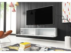Móvel de TV moderno 140 cm para sala – 2 portas sem puxadores, corpo branco mate / frentes branco brilho, de chão ou suspenso