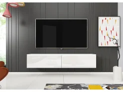 Móvel de TV moderno 140 cm para sala – 2 portas sem puxadores, corpo branco mate / frentes branco brilho, de chão ou suspenso