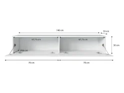 Móvel de TV moderno 140 cm para sala – 2 portas sem puxadores, corpo branco mate / frentes branco brilho, de chão ou suspenso