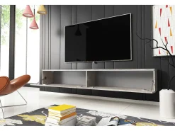 Móvel de TV moderno 180 cm para sala com LED – 2 portas, sem puxadores, betão fosco, de chão ou suspenso
