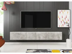 Móvel de TV moderno 180 cm para sala com LED – 2 portas, sem puxadores, betão fosco, de chão ou suspenso