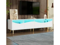 Móvel de TV moderno 180 x 40 x 50 cm com LEDs - pés de metal dourado - frente de vidro e 4 gavetas - MDF - branco