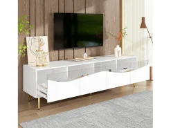 Móvel de TV moderno 180 x 40 x 50 cm com LEDs - pés de metal dourado - frente de vidro e 4 gavetas - MDF - branco