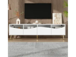 Móvel de TV moderno 180 x 40 x 50 cm com LEDs - pés de metal dourado - frente de vidro e 4 gavetas - MDF - branco