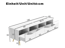 Móvel de TV moderno 180 x 40 x 50 cm com LEDs - pés de metal dourado - frente de vidro e 4 gavetas - MDF - branco
