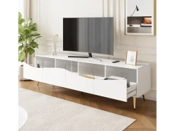 Móvel de TV moderno 180 x 40 x 50 cm com LEDs - pés de metal dourado - frente de vidro e 4 gavetas - MDF - branco