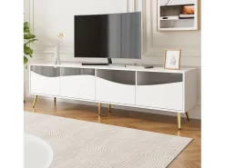 Móvel de TV moderno 180 x 40 x 50 cm com LEDs - pés de metal dourado - frente de vidro e 4 gavetas - MDF - branco