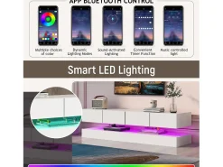 Móvel de TV moderno de parede, com dimensões de 130 x 33 x 15 cm, com LEDs, 2 armários e 4 gavetas, em MDF branco.