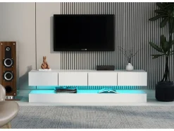 Móvel de TV moderno de parede, com dimensões de 130 x 33 x 15 cm, com LEDs, 2 armários e 4 gavetas, em MDF branco.
