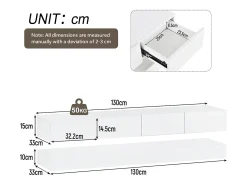 Móvel de TV moderno de parede, com dimensões de 130 x 33 x 15 cm, com LEDs, 2 armários e 4 gavetas, em MDF branco.