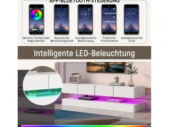 Móvel de TV moderno de parede, com dimensões de 130 x 33 x 15 cm, com LEDs, 2 armários e 4 gavetas, em MDF branco.
