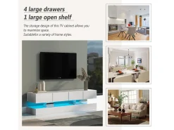 Móvel de TV moderno de parede, com dimensões de 130 x 33 x 15 cm, com LEDs, 2 armários e 4 gavetas, em MDF branco.