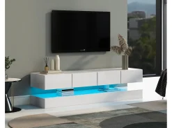 Móvel de TV moderno de parede, com dimensões de 130 x 33 x 15 cm, com LEDs, 2 armários e 4 gavetas, em MDF branco.
