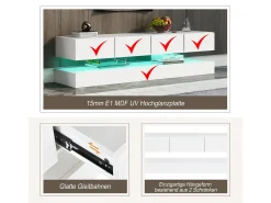 Móvel de TV moderno de parede, com dimensões de 130 x 33 x 15 cm, com LEDs, 2 armários e 4 gavetas, em MDF branco.