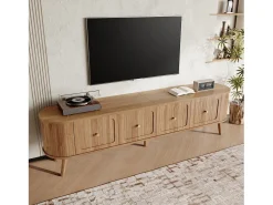 Móvel de TV moderno 180x38x47 cm - 4 portas - puxadores dourados - pés de madeira - natural