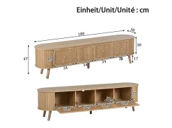 Móvel de TV moderno 180x38x47 cm - 4 portas - puxadores dourados - pés de madeira - natural