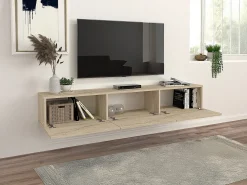 Móvel de TV suspenso com 3 portas - Efeito travertino - VIKILA