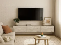 Móvel de TV suspenso com 3 portas - Efeito travertino - VIKILA