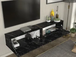 Móvel de TV suspenso com 2 portas efeito mármore preto - DINOMA
