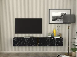 Móvel de TV suspenso com 2 portas efeito mármore preto - DINOMA