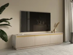 Móvel de TV suspenso ou de pousar com 3 portas MDF bege e dourado - POSINIA