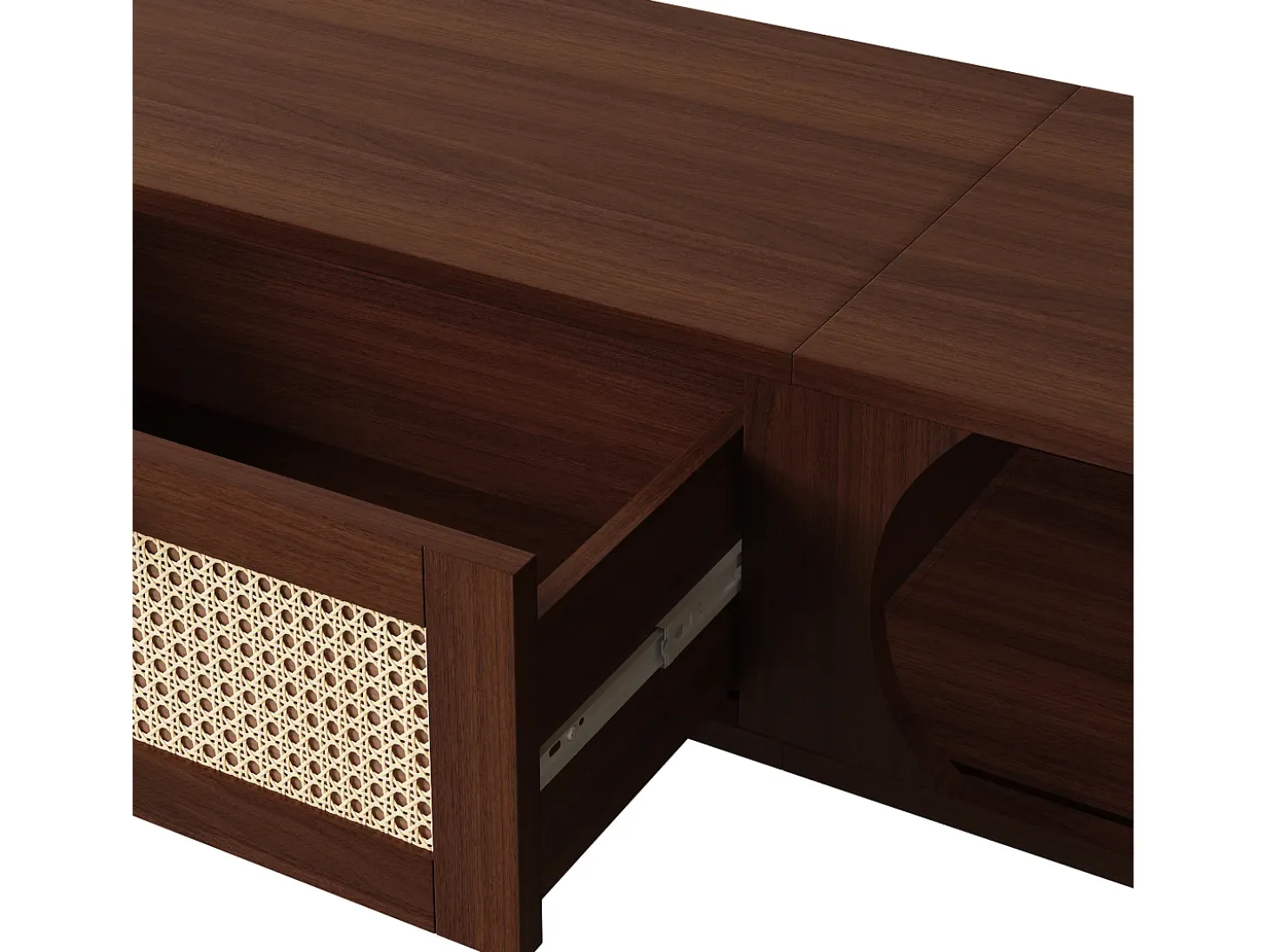 Móvel de TV vintage em nogueira com 2 portas de madeira natural e 1 gaveta de vime, 170 x 39,5 x 38 cm