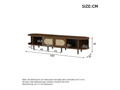 Móvel de TV 180x40x40 cm - Design em rattan - 4 portas - MDF - Para TVs de até 80 polegadas - Marrom