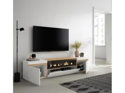Móvel de TV, 200x35x45cm, Para televisores até 80", Lareira eléctrica, Branco e Carvalho soft