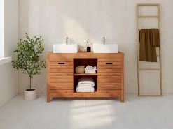 Móvel lavatório duplo em madeira de acácia - Móvel de casa de banho - 130 cm - PULUKAN