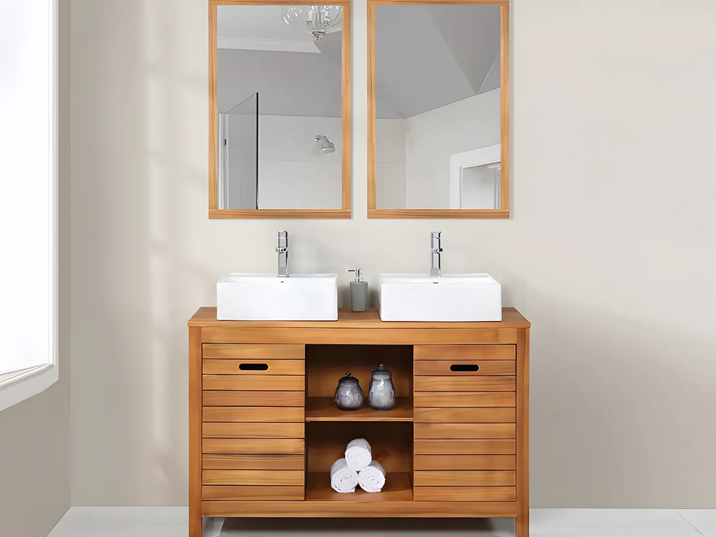 Móvel lavatório duplo em madeira de acácia - 130 cm - 2 espelhos 90 x 60 cm - PULUKAN