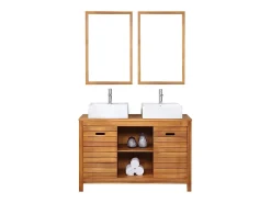 Móvel lavatório duplo em madeira de acácia - 130 cm - 2 espelhos 90 x 60 cm - PULUKAN