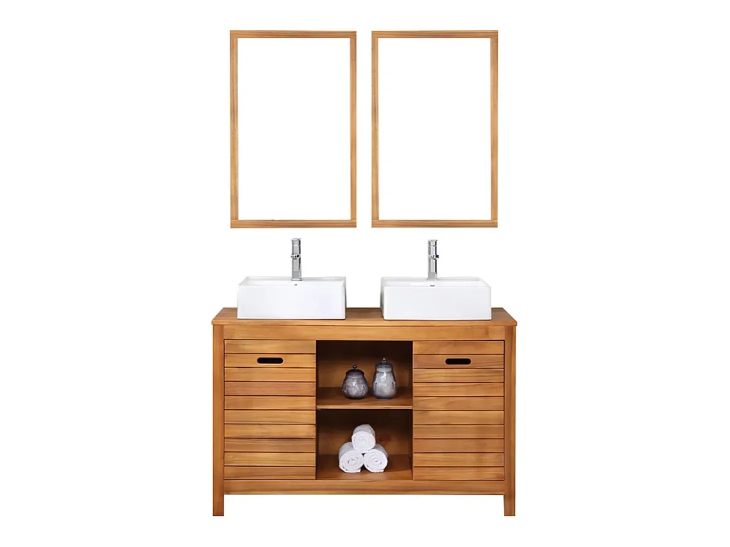 Móvel lavatório duplo em madeira de acácia - 130 cm - 2 espelhos 90 x 60 cm - PULUKAN
