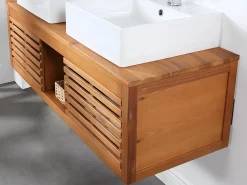 Móvel lavatório duplo em madeira de acácia e espelhos com contorno - 130 cm - PENEBEL
