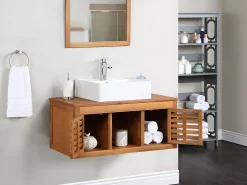 Móvel lavatório duplo em madeira de acácia e espelho com contorno - 90 cm - PENEBEL