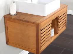 Móvel lavatório duplo em madeira de acácia e espelho com contorno - 90 cm - PENEBEL