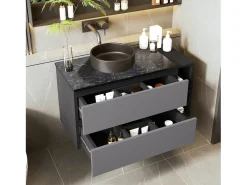 Móvel lavatório suspenso com 2 gavetas e prateleiras - lavatório embutido - 80 x 44 x 48,5 cm - madeira MDF - cinza + preto