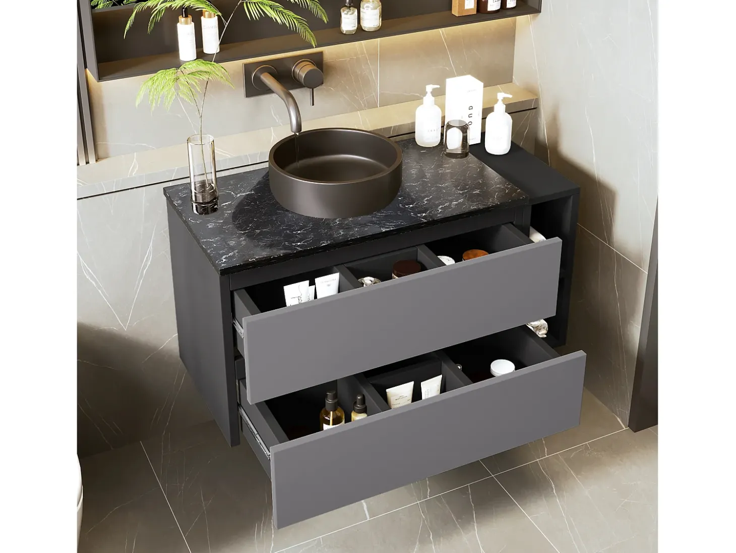 Móvel lavatório suspenso com 2 gavetas e prateleiras - lavatório embutido - 80 x 44 x 48,5 cm - madeira MDF - cinza + preto