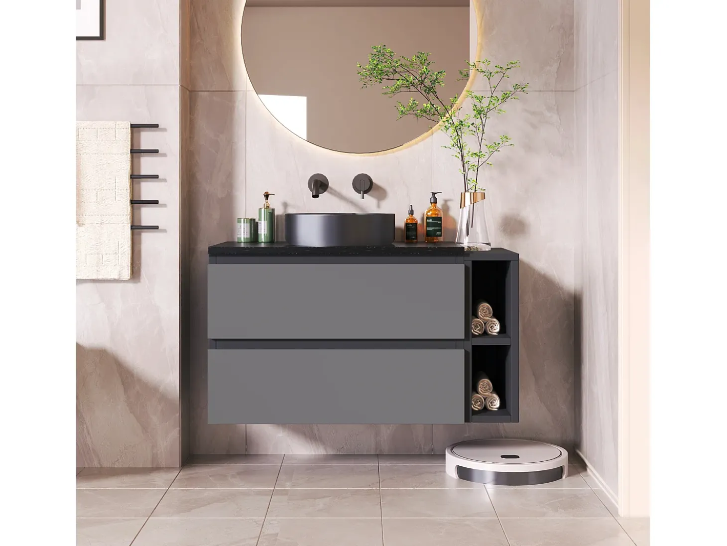 Móvel lavatório suspenso com 2 gavetas e prateleiras - lavatório embutido - 80 x 44 x 48,5 cm - madeira MDF - cinza + preto