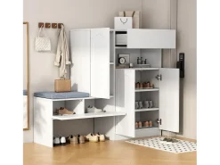 Móvel multifuncional para sapatos - com assento estofado - com 4 portas e 1 gaveta - Branco
